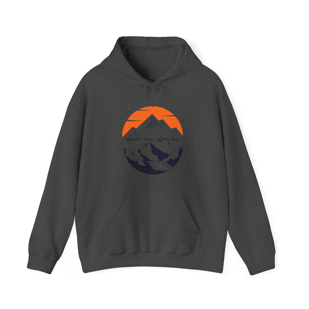 Mountain Sunset Hoodie — "Wander More, Worry Less" Outdoor Graphic Hoodie