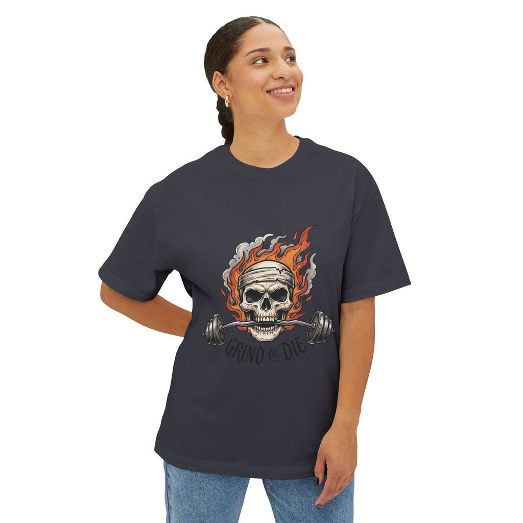 Grind or Die Skull Tee — Flaming Skull Weightlifting T-Shirt