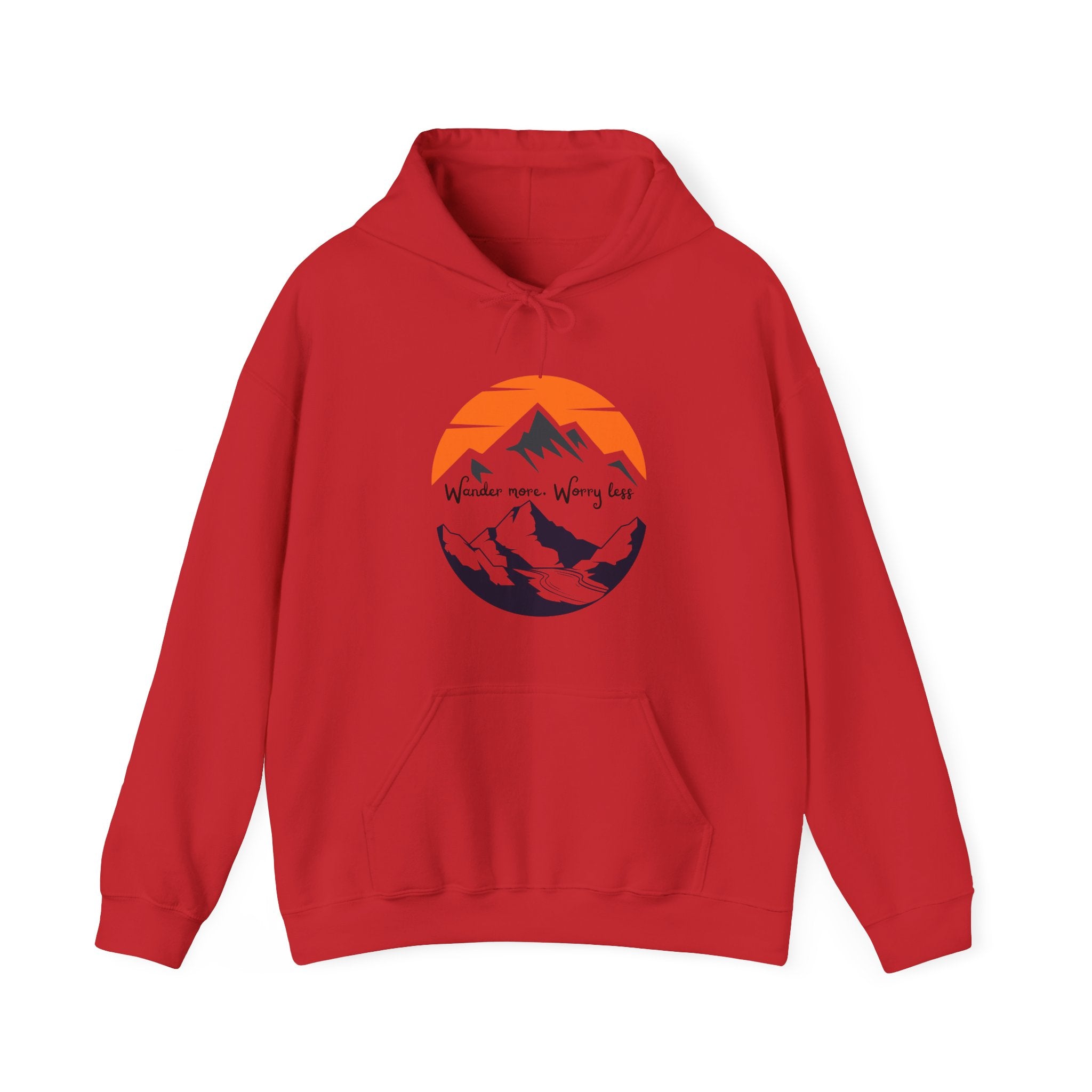 Mountain Sunset Hoodie — "Wander More, Worry Less" Outdoor Graphic Hoodie