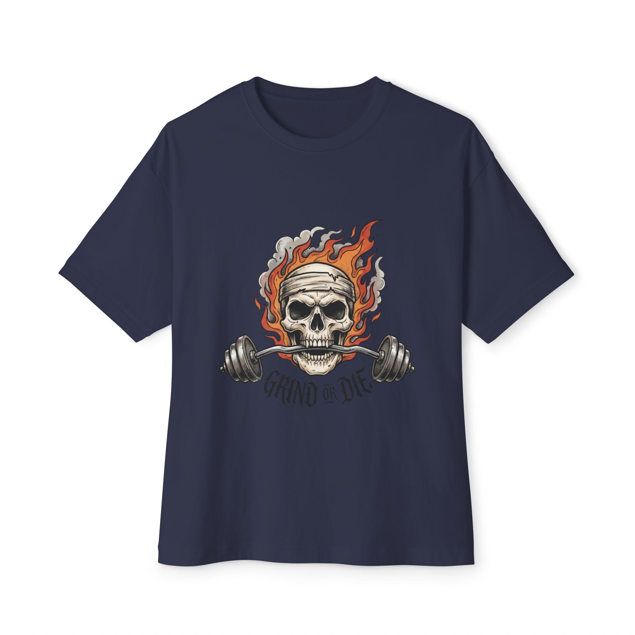 Grind or Die Skull Tee — Flaming Skull Weightlifting T-Shirt