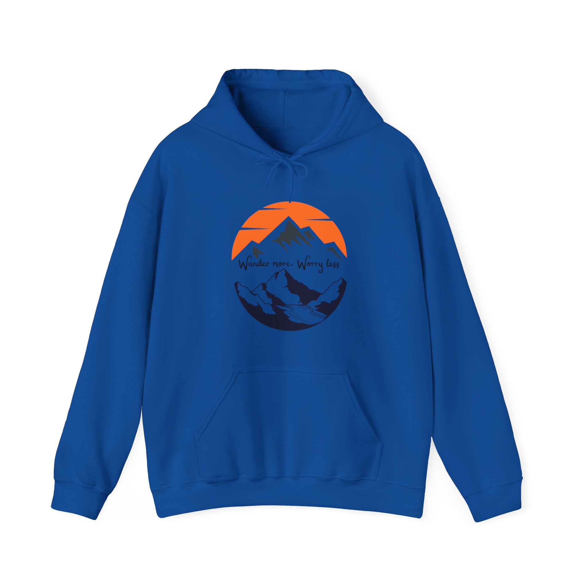 Mountain Sunset Hoodie — "Wander More, Worry Less" Outdoor Graphic Hoodie