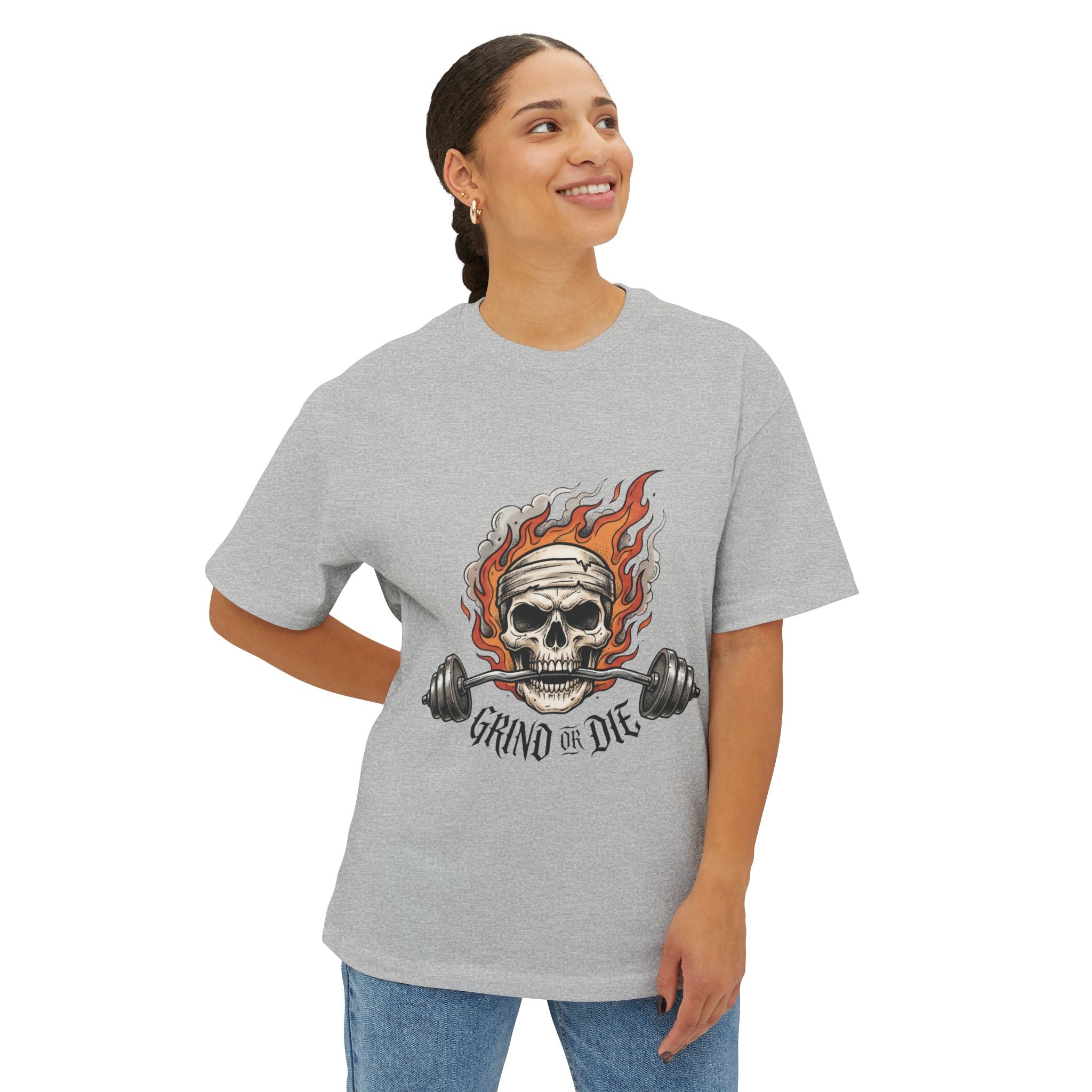 Grind or Die Skull Tee — Flaming Skull Weightlifting T-Shirt