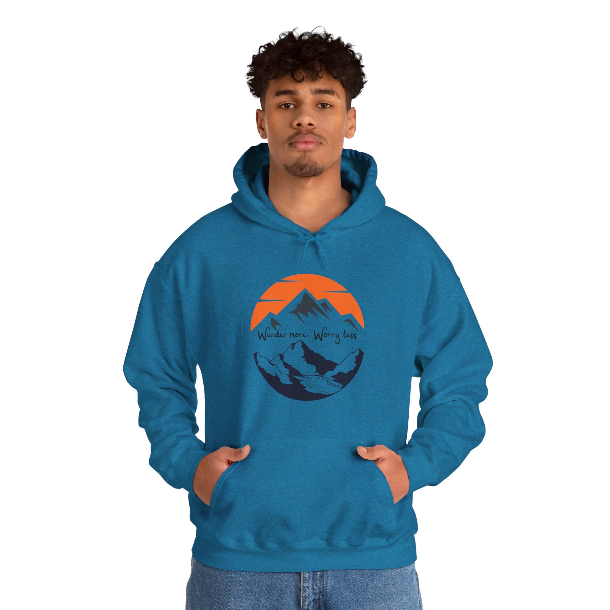 Mountain Sunset Hoodie — "Wander More, Worry Less" Outdoor Graphic Hoodie