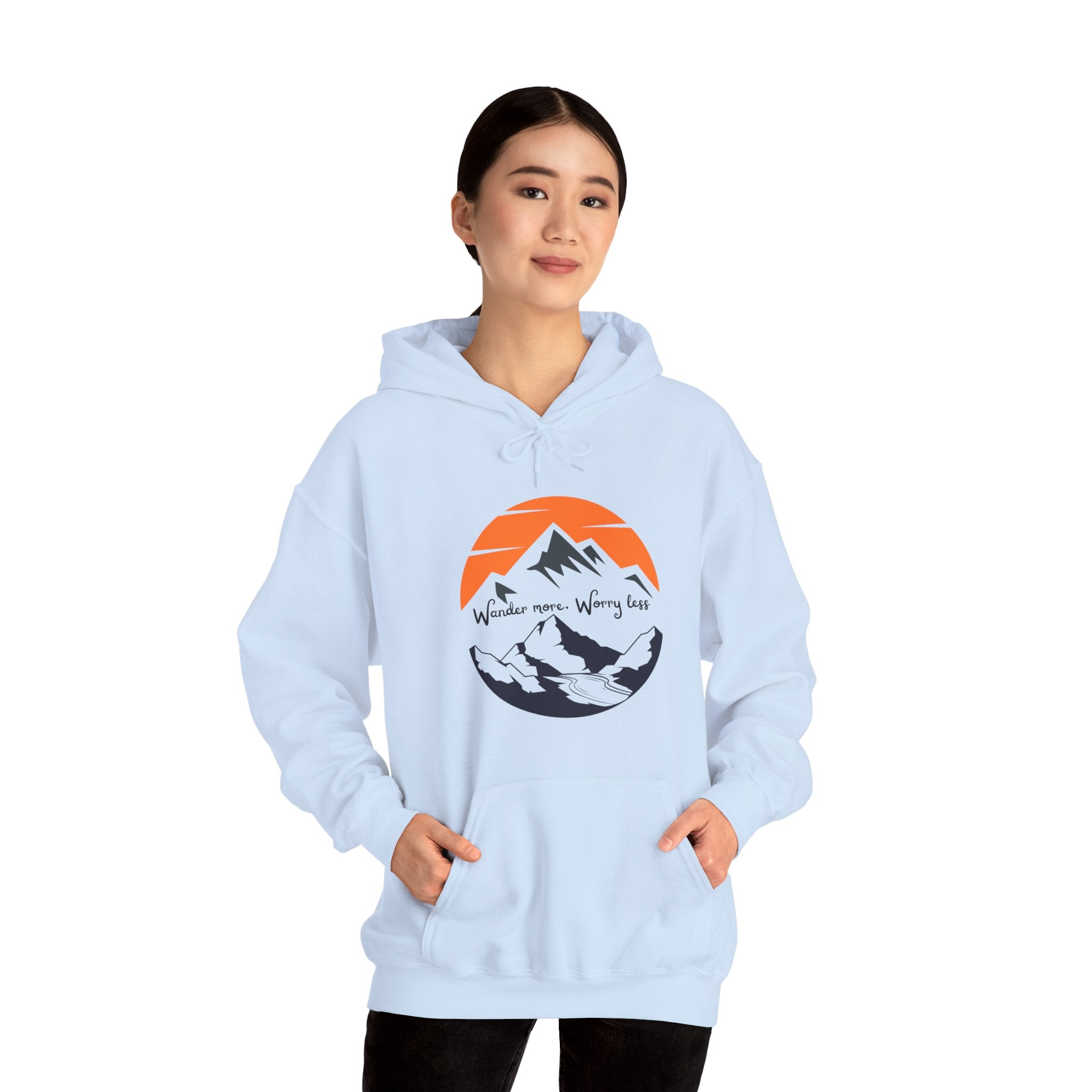 Mountain Sunset Hoodie — "Wander More, Worry Less" Outdoor Graphic Hoodie