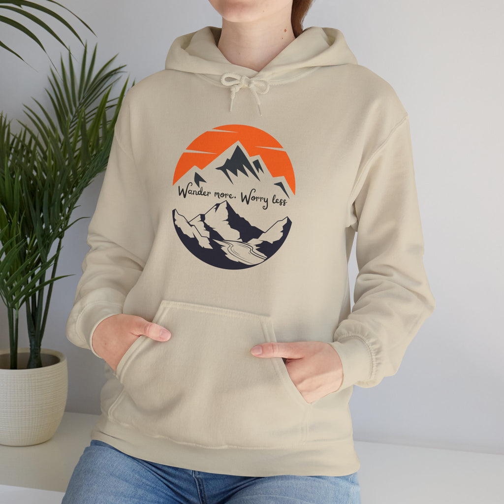 Mountain Sunset Hoodie — "Wander More, Worry Less" Outdoor Graphic Hoodie