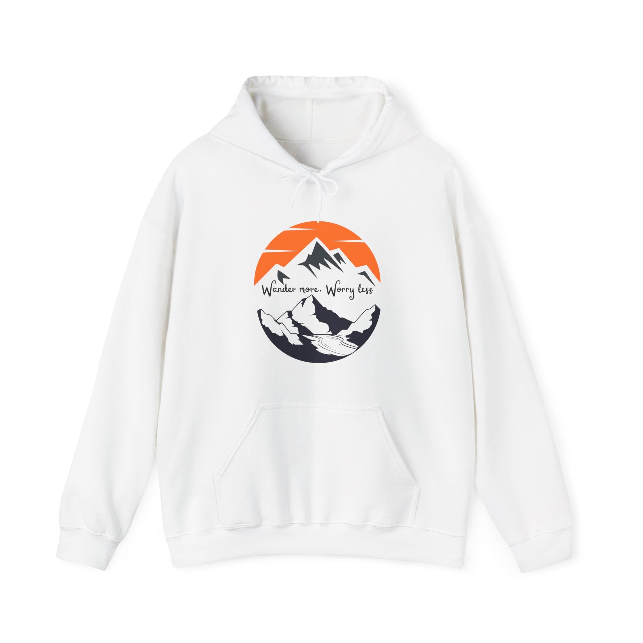 Mountain Sunset Hoodie — "Wander More, Worry Less" Outdoor Graphic Hoodie
