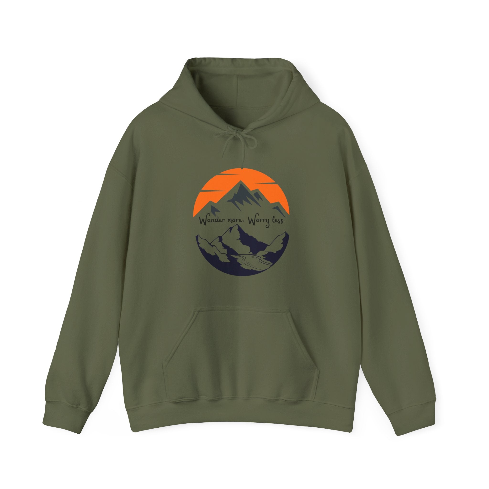 Mountain Sunset Hoodie — "Wander More, Worry Less" Outdoor Graphic Hoodie
