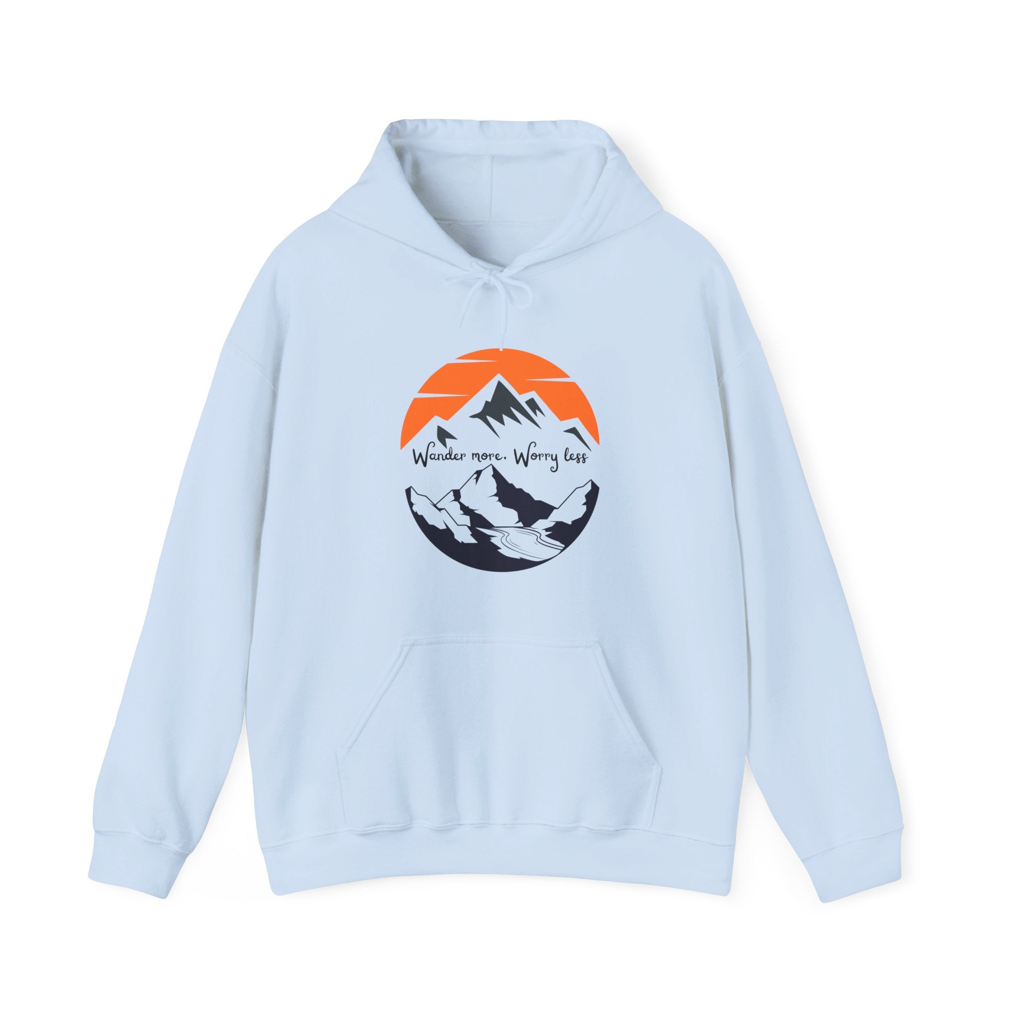 Mountain Sunset Hoodie — "Wander More, Worry Less" Outdoor Graphic Hoodie