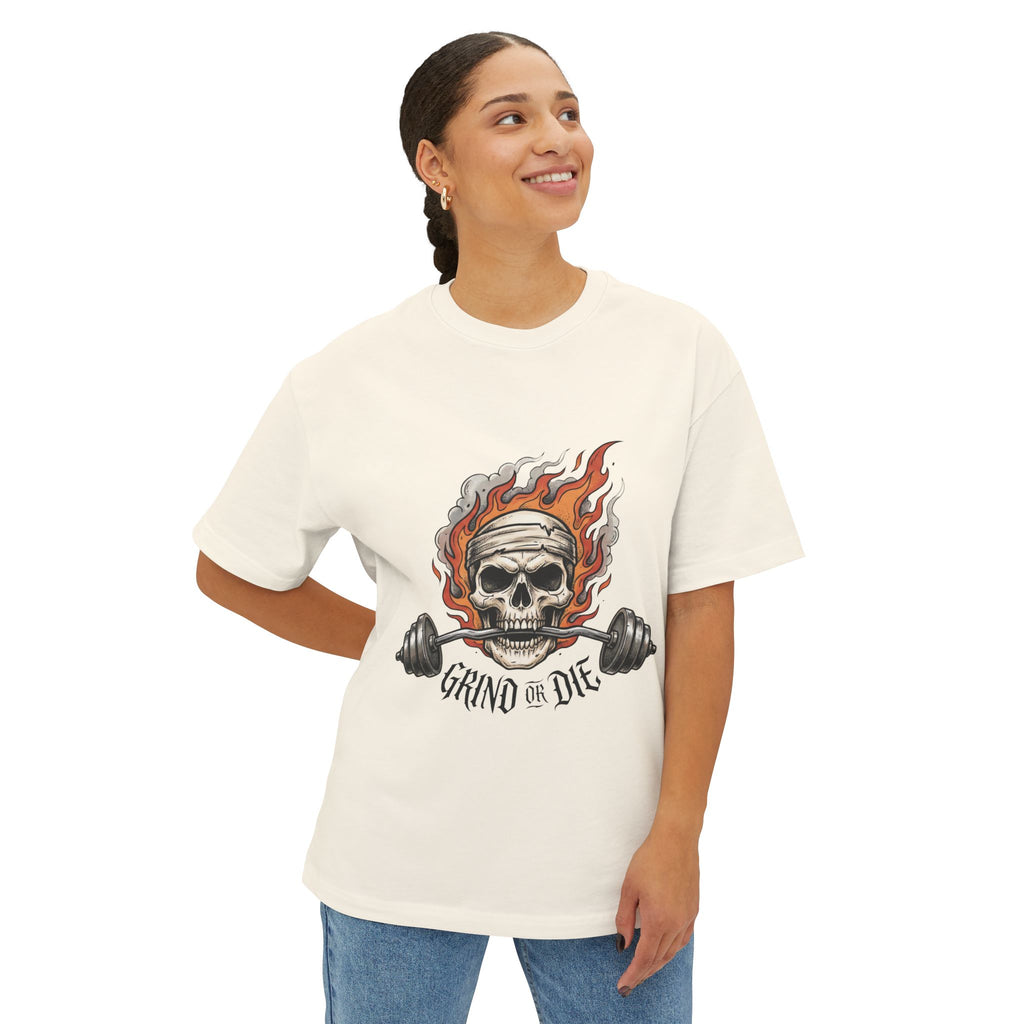 Grind or Die Skull Tee — Flaming Skull Weightlifting T-Shirt