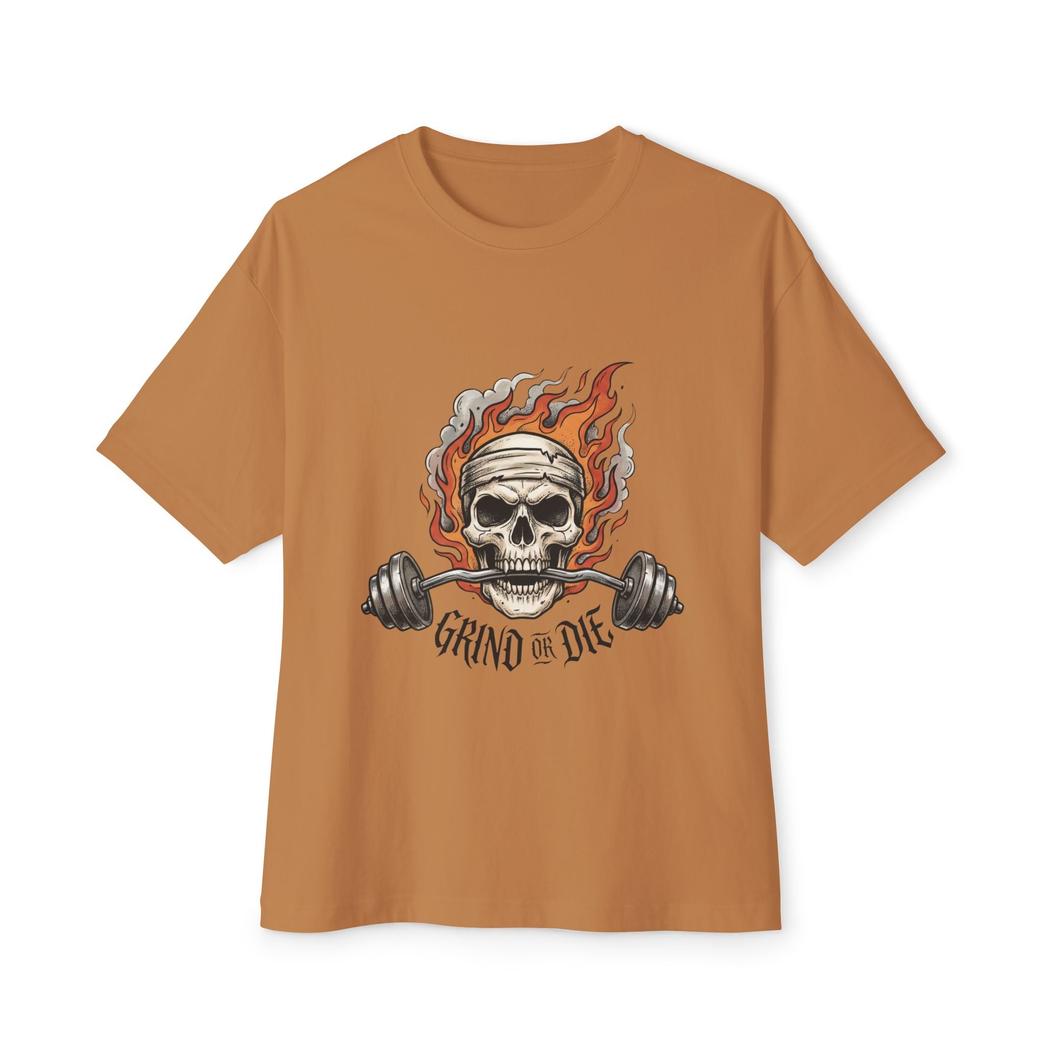 Grind or Die Skull Tee — Flaming Skull Weightlifting T-Shirt