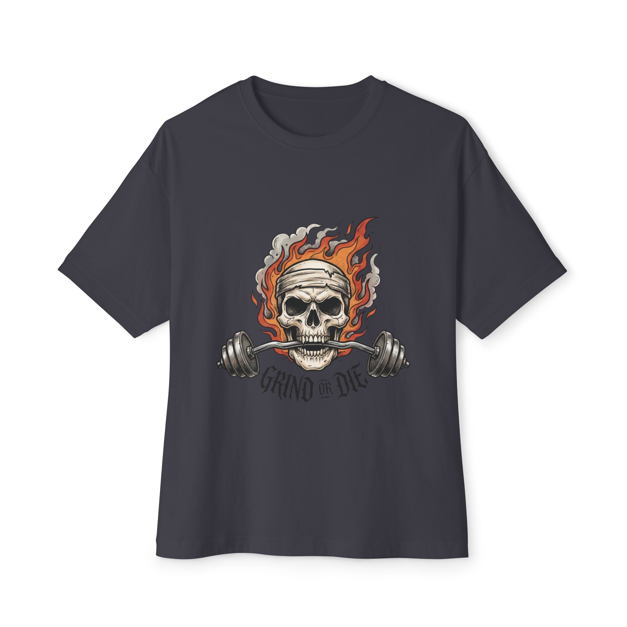 Grind or Die Skull Tee — Flaming Skull Weightlifting T-Shirt