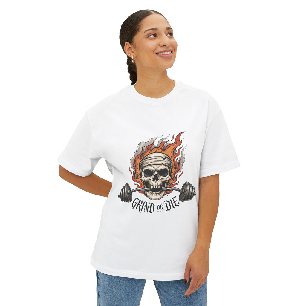Grind or Die Skull Tee — Flaming Skull Weightlifting T-Shirt