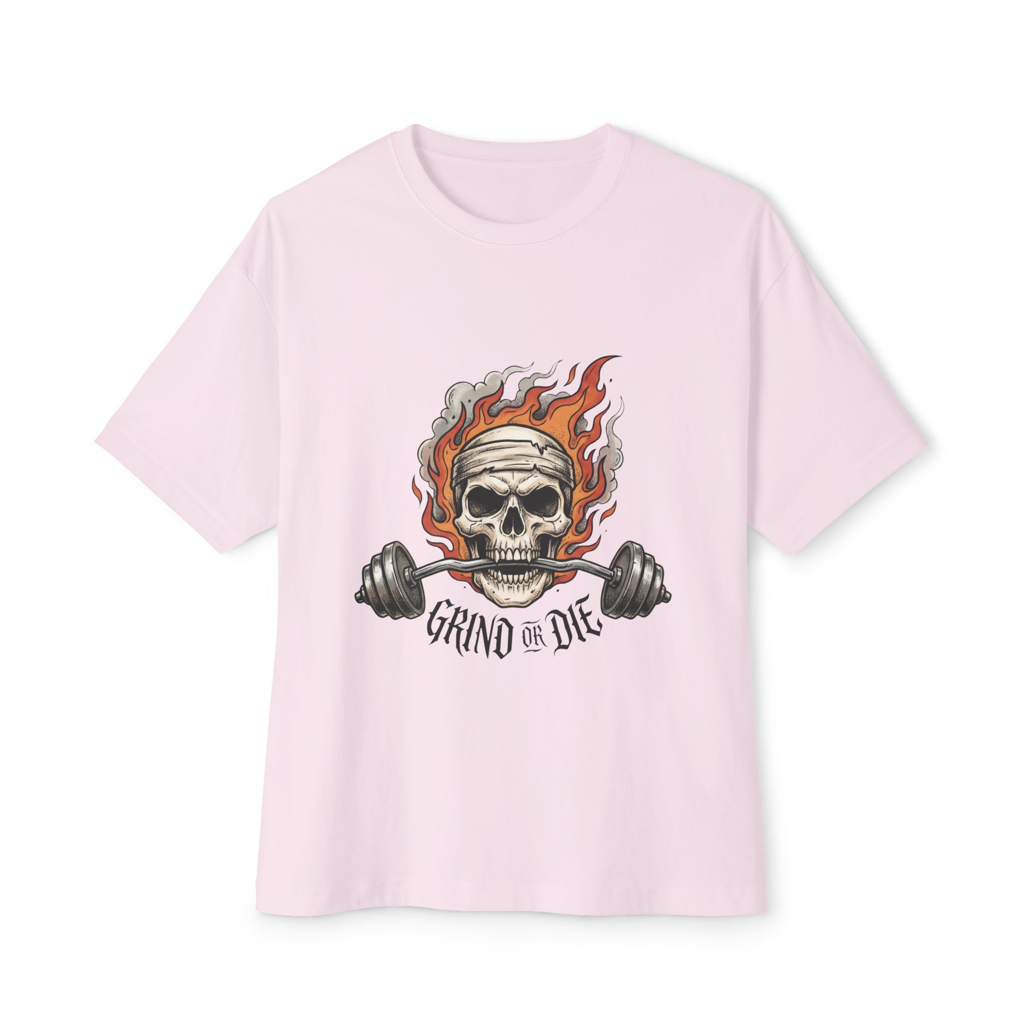 Grind or Die Skull Tee — Flaming Skull Weightlifting T-Shirt