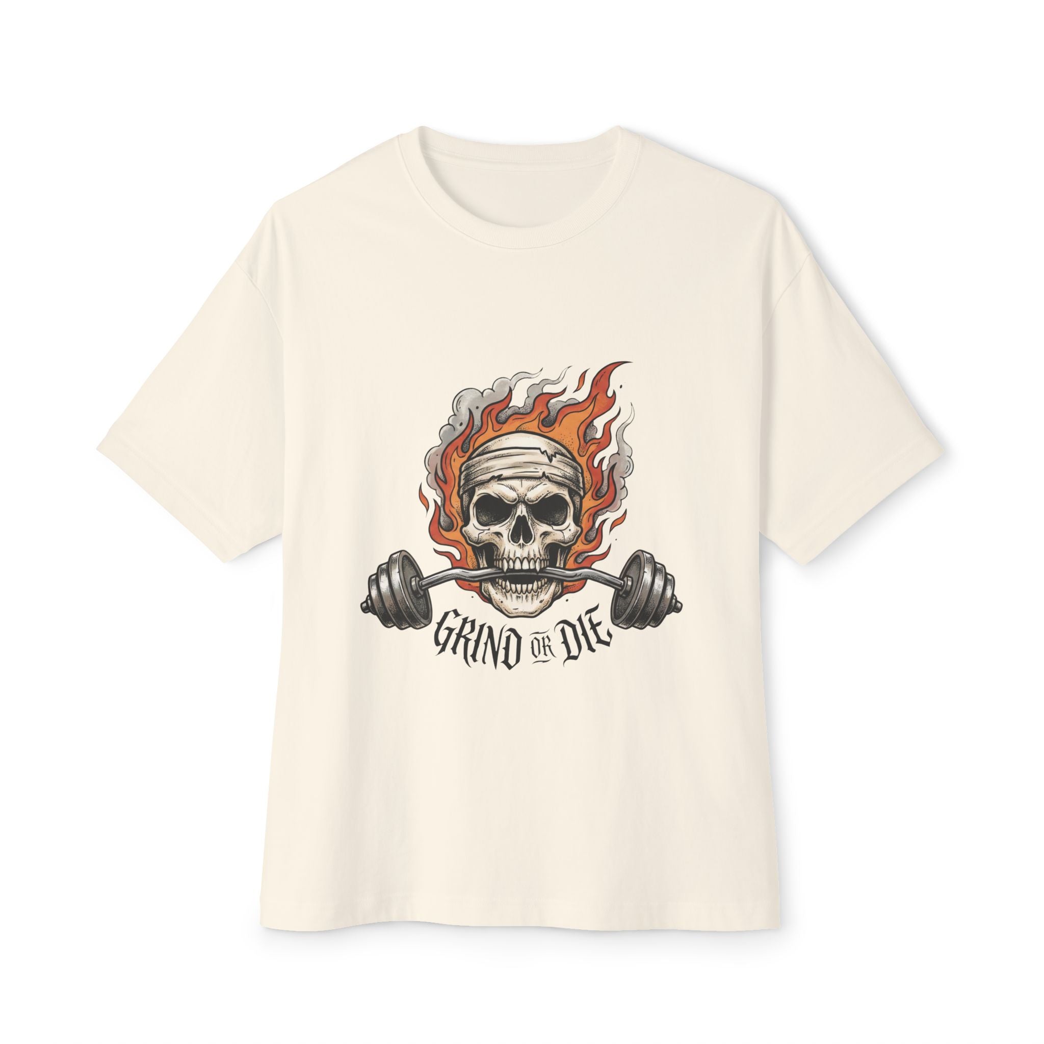 Grind or Die Skull Tee — Flaming Skull Weightlifting T-Shirt