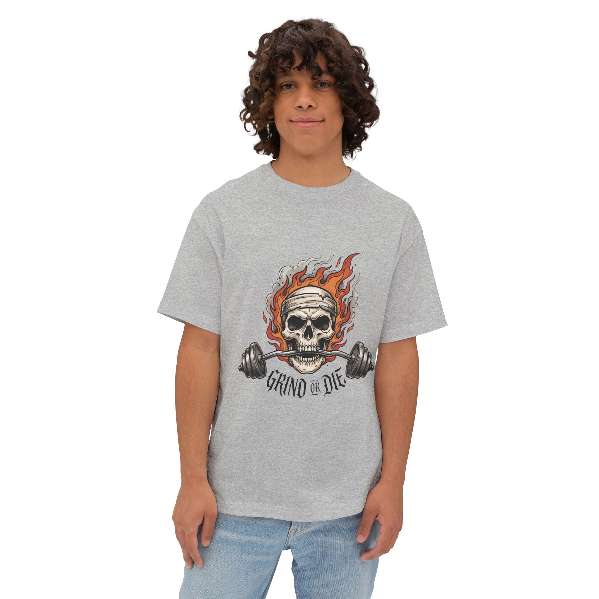 Grind or Die Skull Tee — Flaming Skull Weightlifting T-Shirt