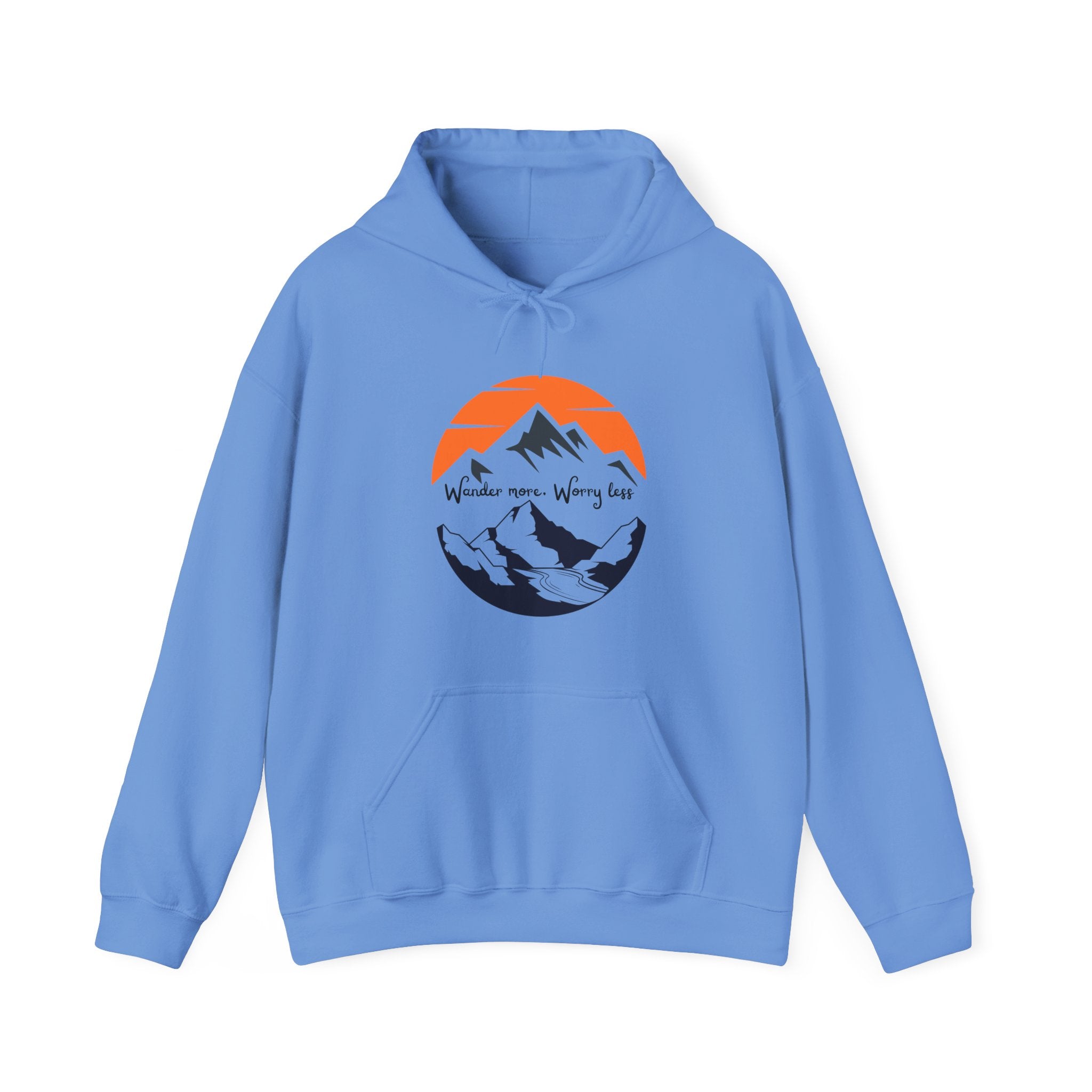 Mountain Sunset Hoodie — "Wander More, Worry Less" Outdoor Graphic Hoodie