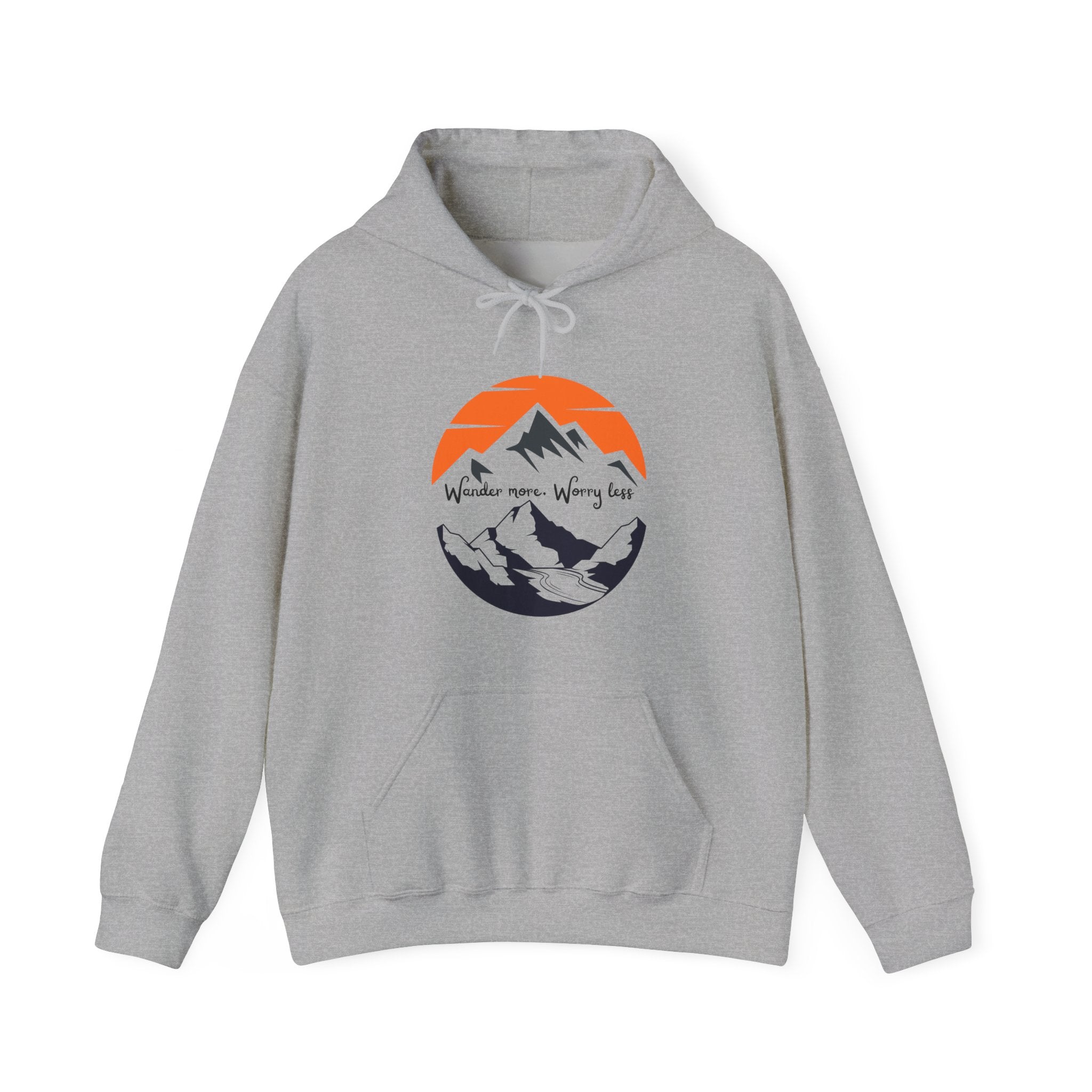 Mountain Sunset Hoodie — "Wander More, Worry Less" Outdoor Graphic Hoodie