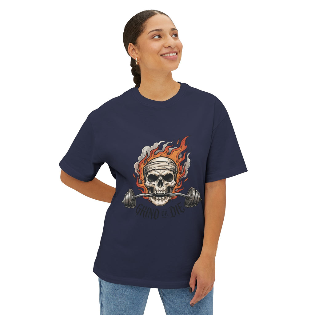Grind or Die Skull Tee — Flaming Skull Weightlifting T-Shirt