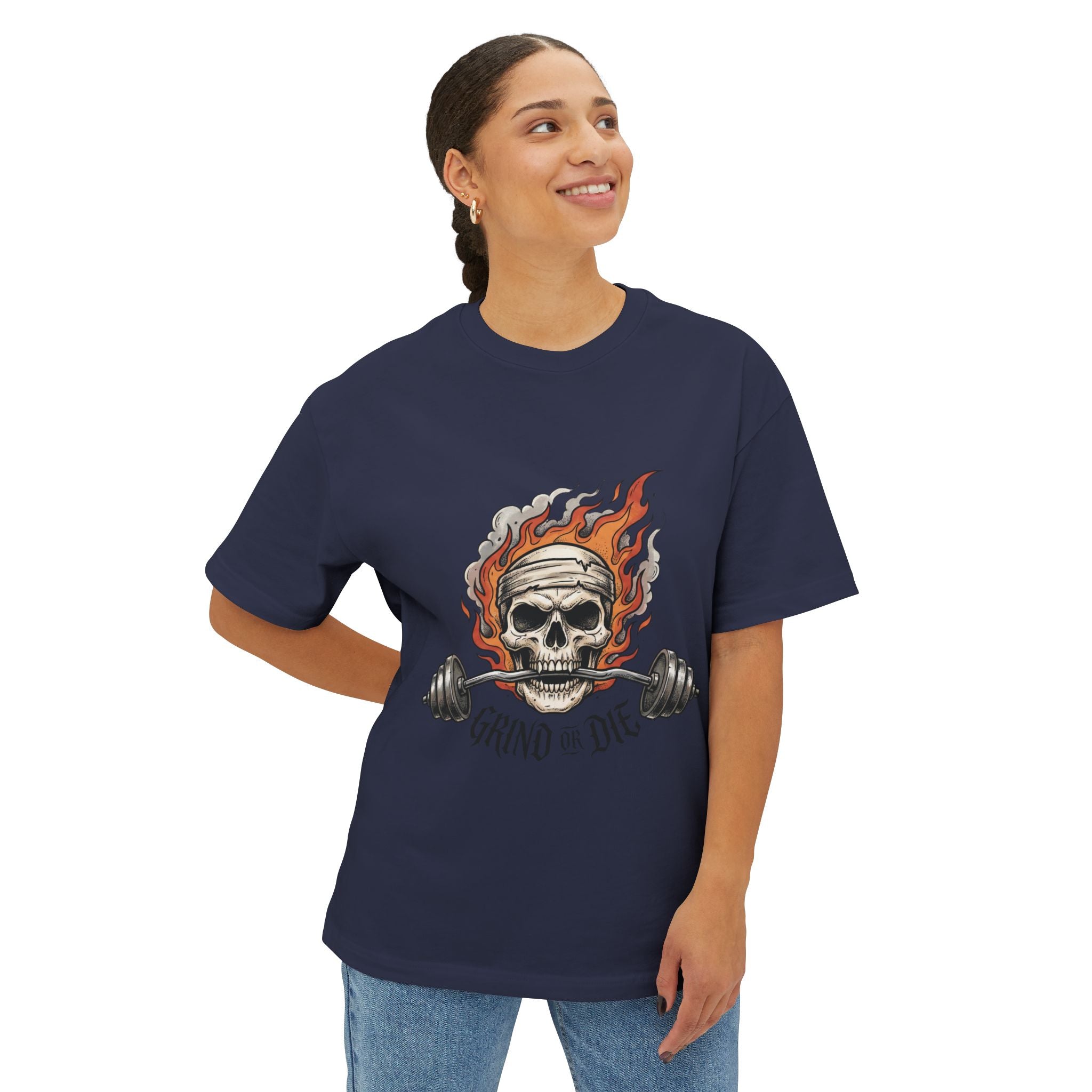 Grind or Die Skull Tee — Flaming Skull Weightlifting T-Shirt
