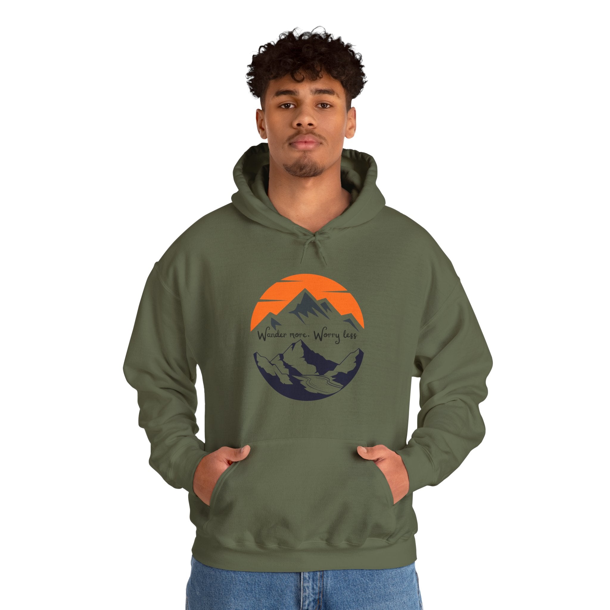 Mountain Sunset Hoodie — "Wander More, Worry Less" Outdoor Graphic Hoodie