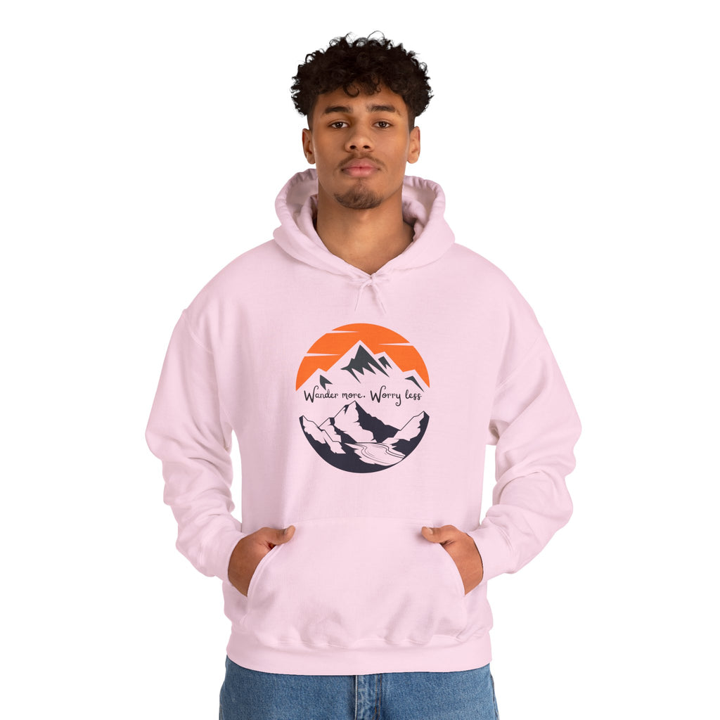 Mountain Sunset Hoodie — "Wander More, Worry Less" Outdoor Graphic Hoodie