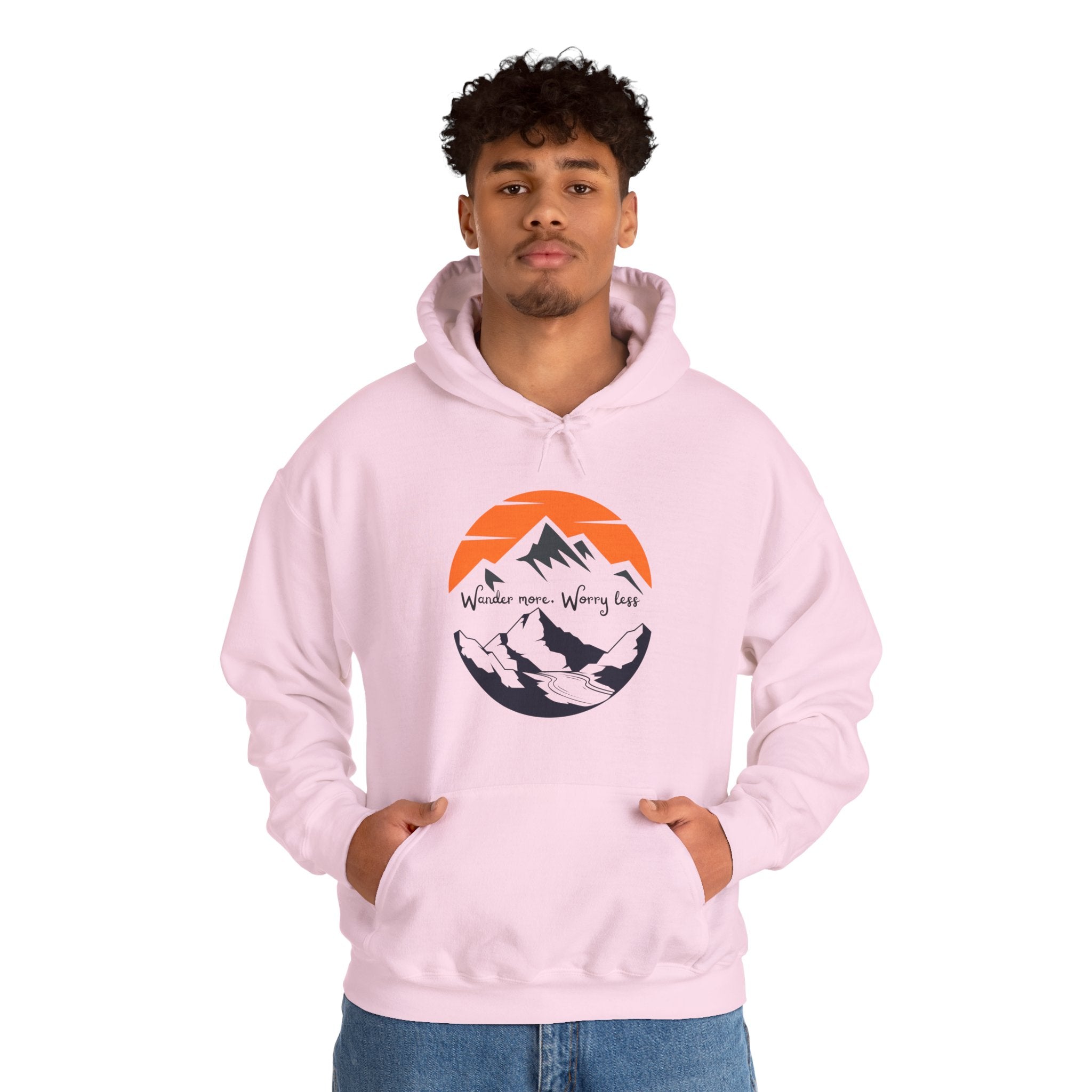 Mountain Sunset Hoodie — "Wander More, Worry Less" Outdoor Graphic Hoodie