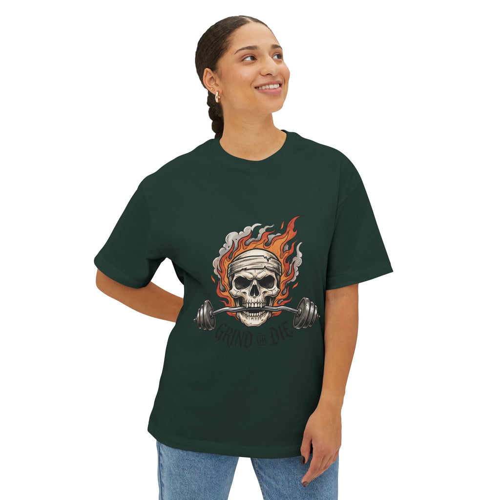 Grind or Die Skull Tee — Flaming Skull Weightlifting T-Shirt
