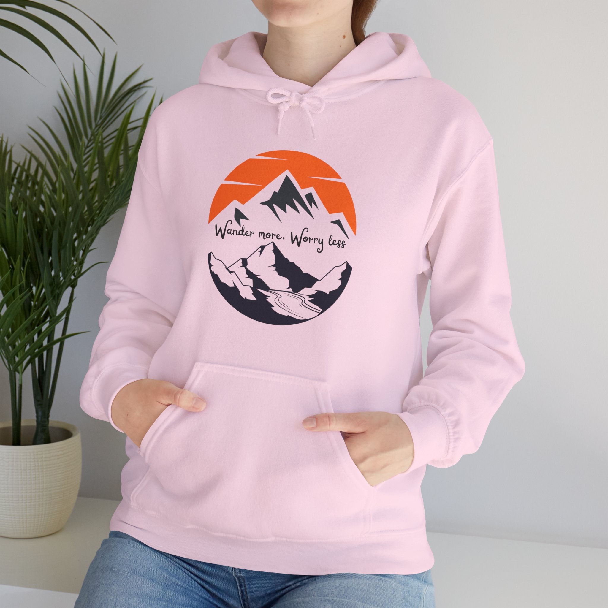 Mountain Sunset Hoodie — "Wander More, Worry Less" Outdoor Graphic Hoodie