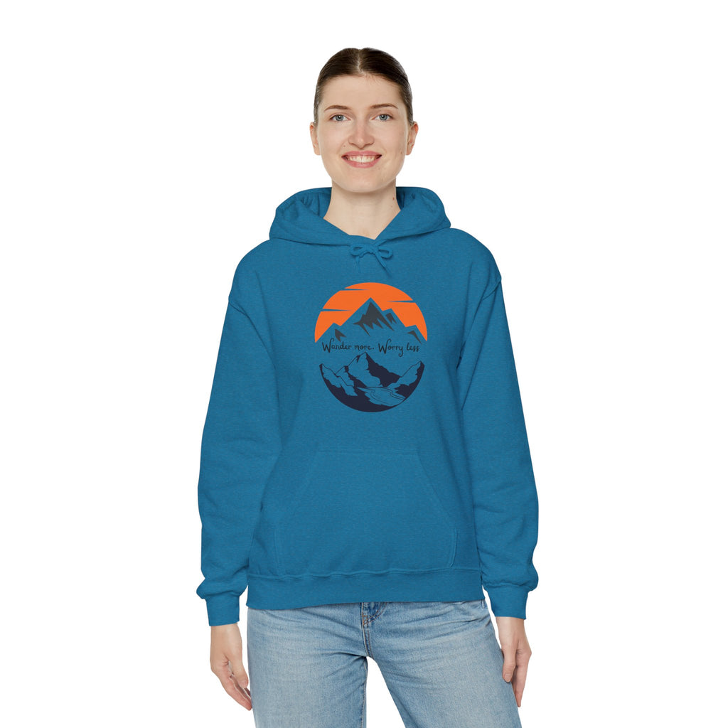Mountain Sunset Hoodie — "Wander More, Worry Less" Outdoor Graphic Hoodie