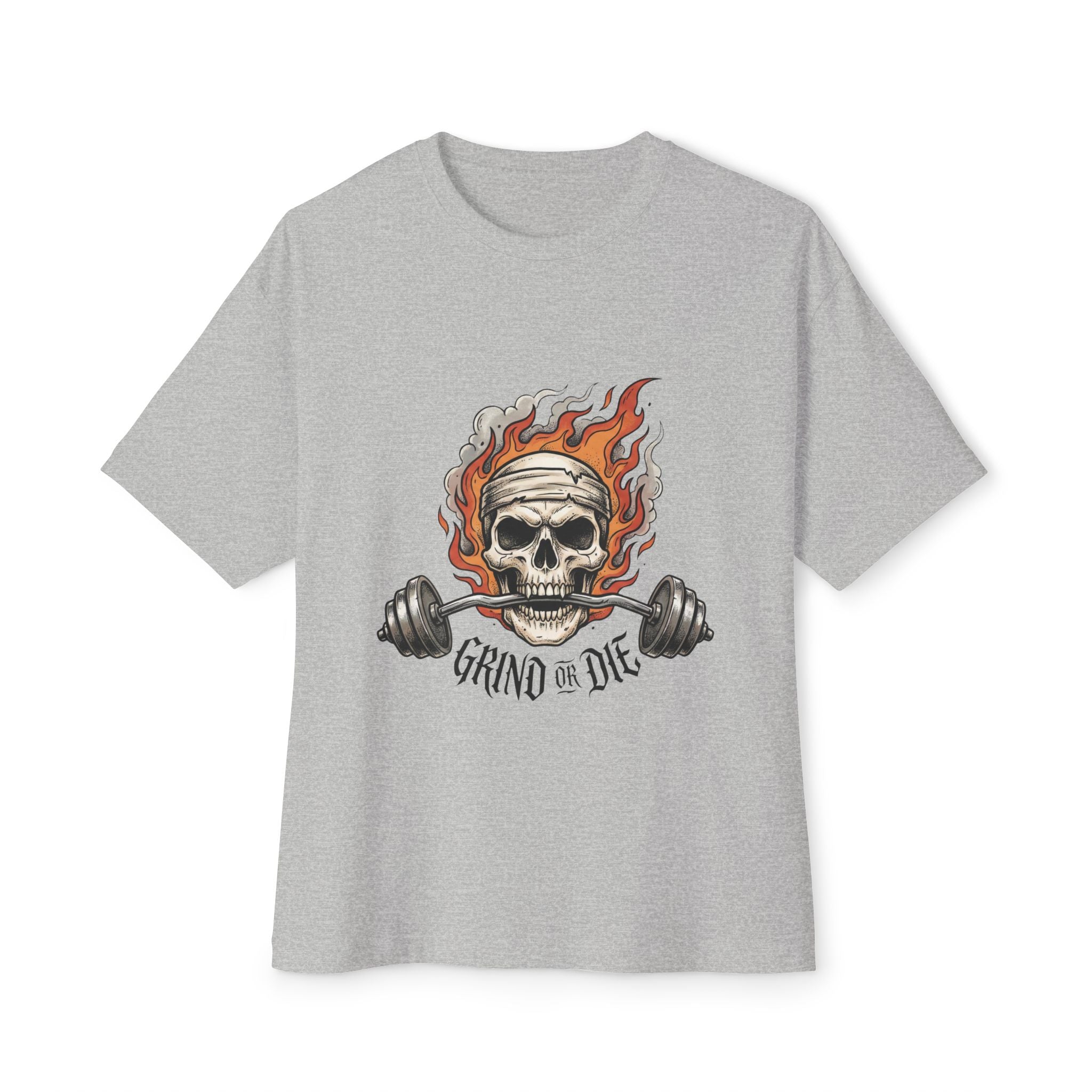 Grind or Die Skull Tee — Flaming Skull Weightlifting T-Shirt