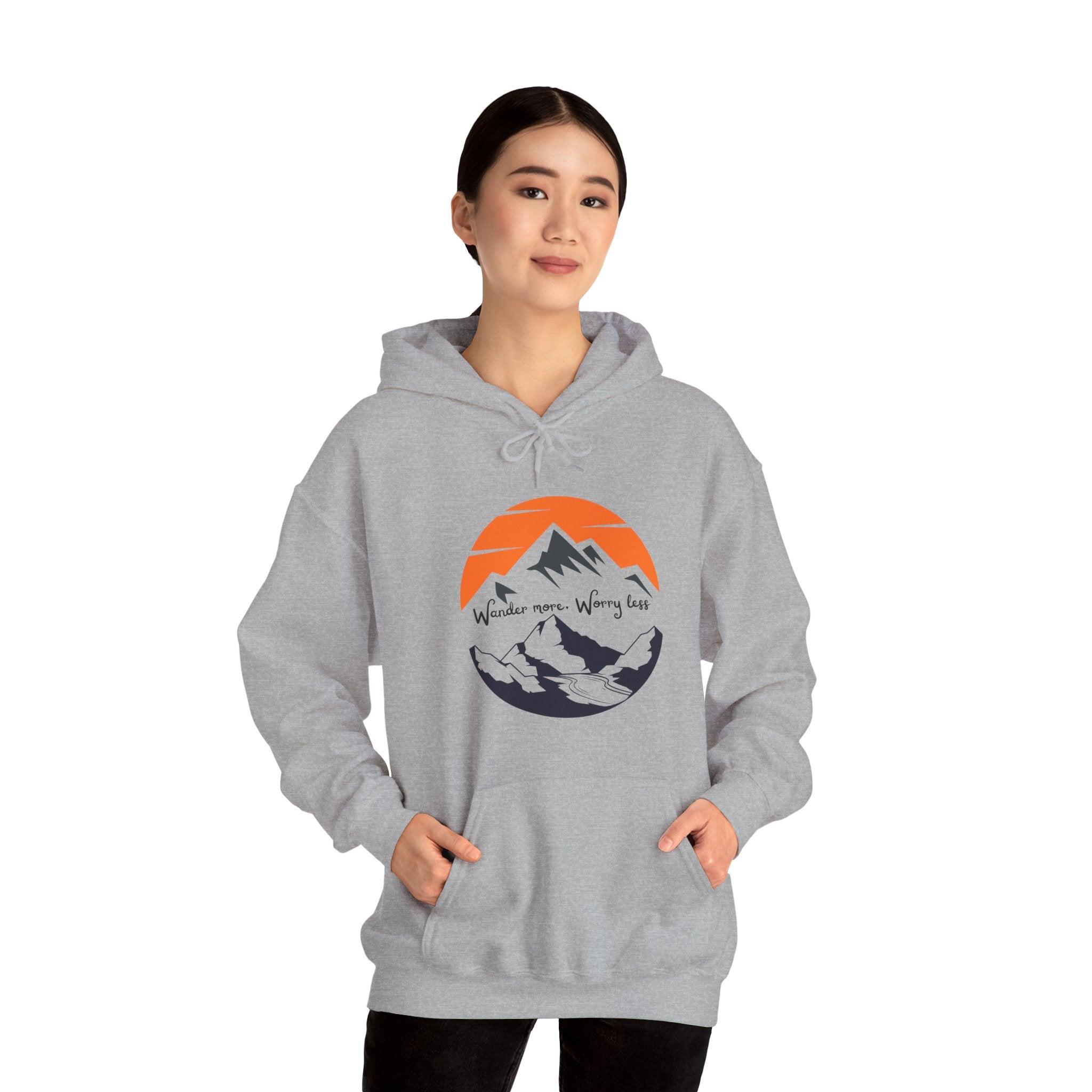 Mountain Sunset Hoodie — "Wander More, Worry Less" Outdoor Graphic Hoodie