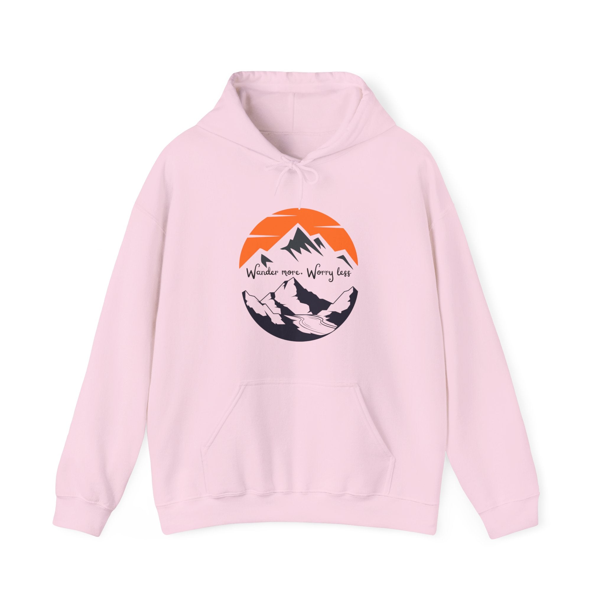 Mountain Sunset Hoodie — "Wander More, Worry Less" Outdoor Graphic Hoodie